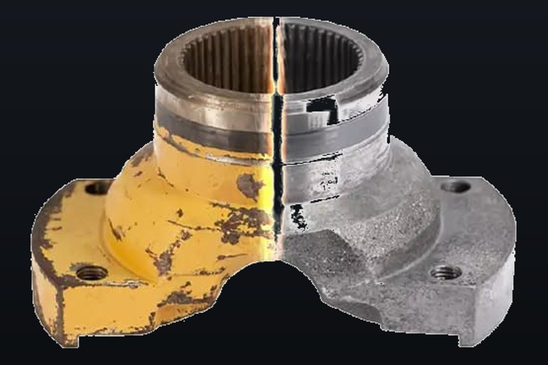 Joint flange, half stripped of paint and rust with a pulsed laser